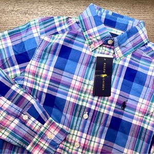 NWT | Ralph Lauren | Boy’s Cotton Button Down Shirt in Blue and Green Pl…